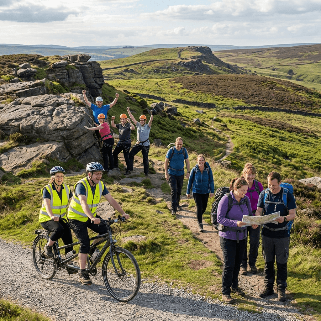 Group enjoying outdoor activities - hiking, cycling in the Peak District