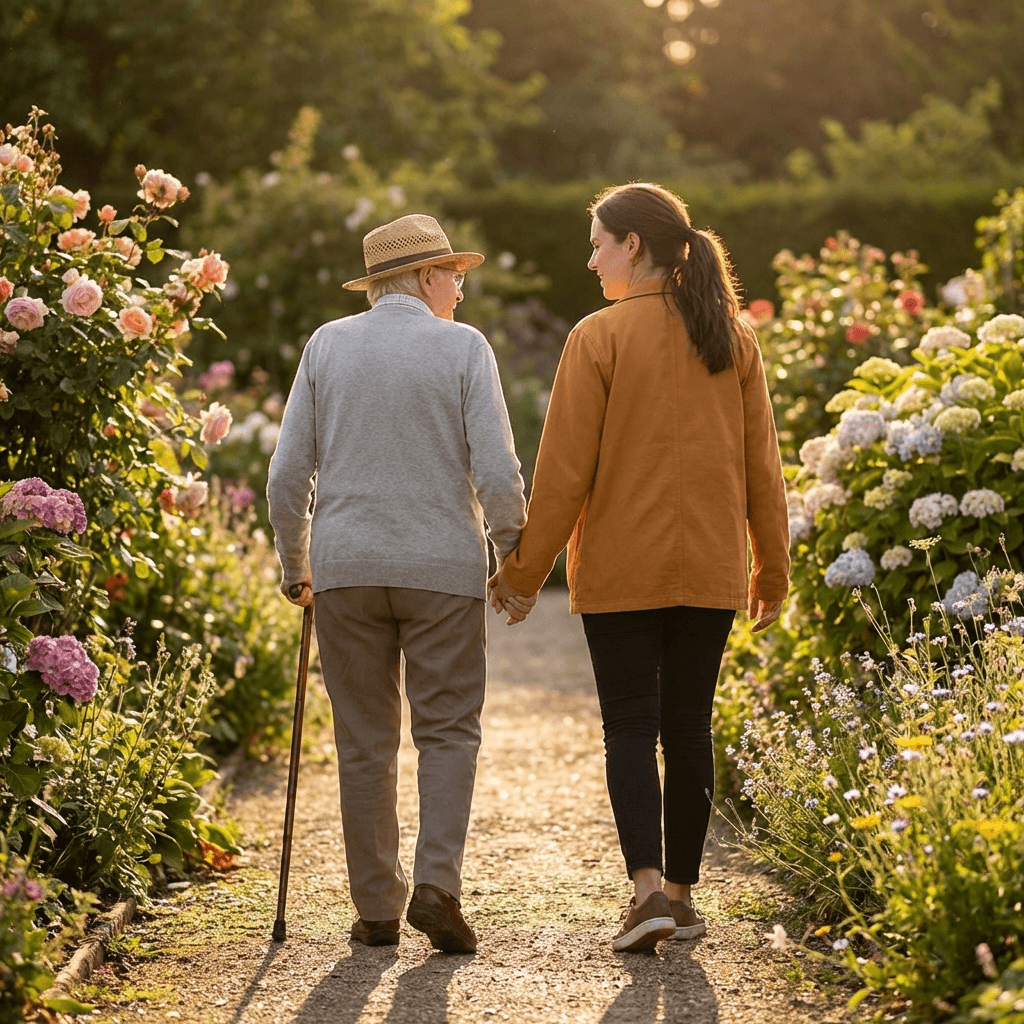 Care worker walking with supported person through garden