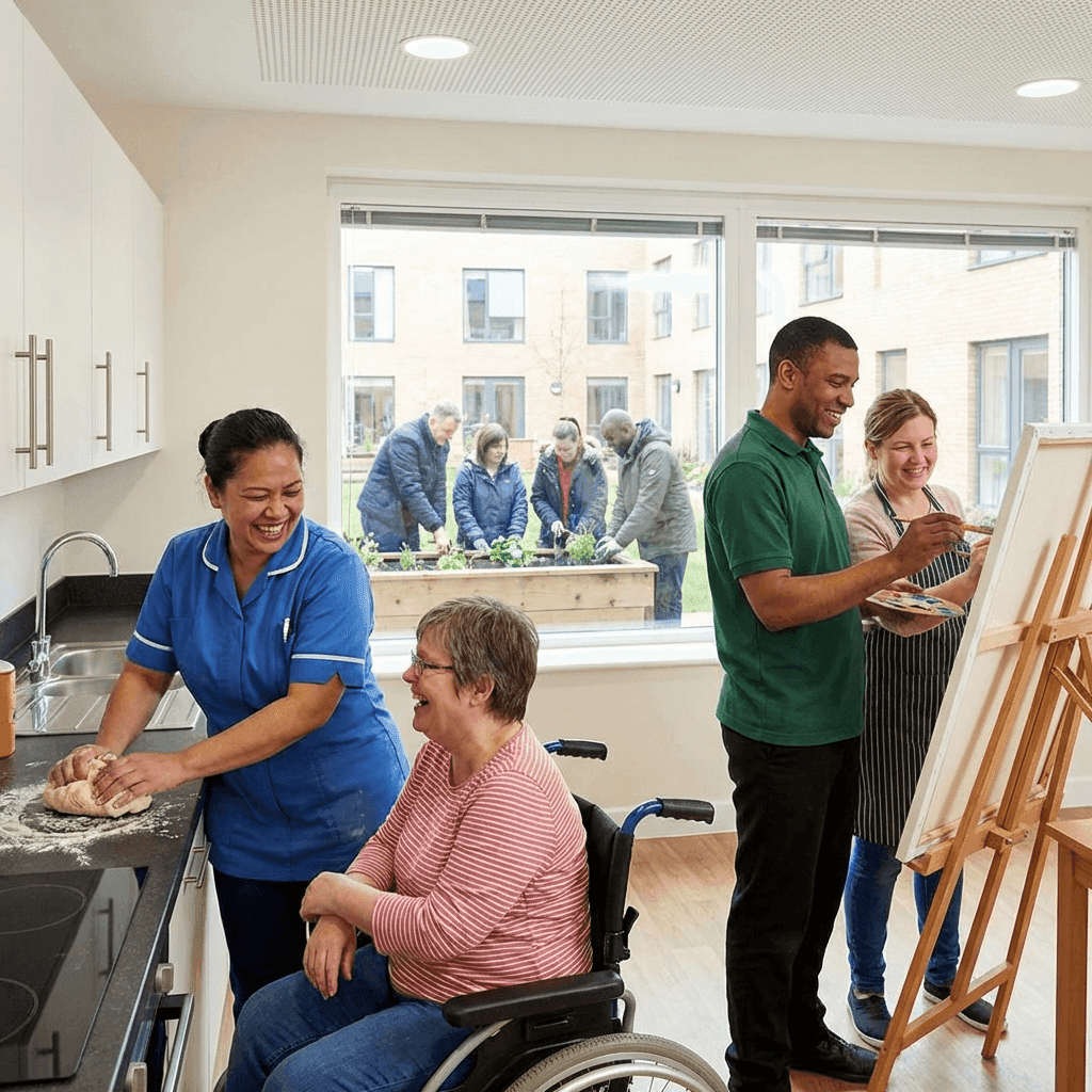 Care workers supporting individuals during activities